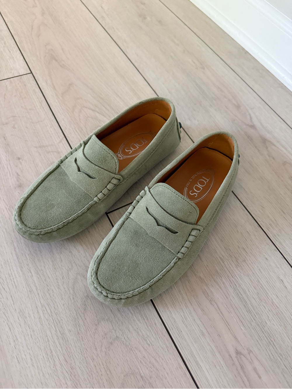 TOD'S Light Sage Suede Penny Loafers